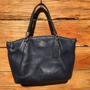 navy blue leather coach purse